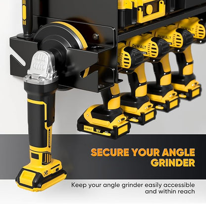 POKIPO Power Tool Organizer Wall Mount with Charging Station,Tool Storage Rack with 8 Outlet Power Strip,Heavy Duty Metal Battery Utility Rack with 4 Cordless Drill Holder 6.56 Ft Cord for Garage