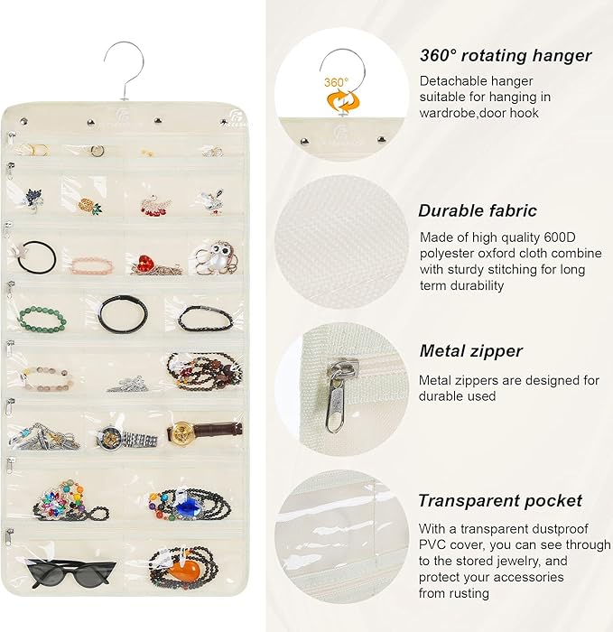 Hanging Jewelry Organizer with 50 Transparent Pockets, 360° Rotating Hanger & Secure Zipper Closure - Foldable Double Sided Jewelry Storage Bag for Earrings, Rings, Necklaces, Bracelets (Beige)