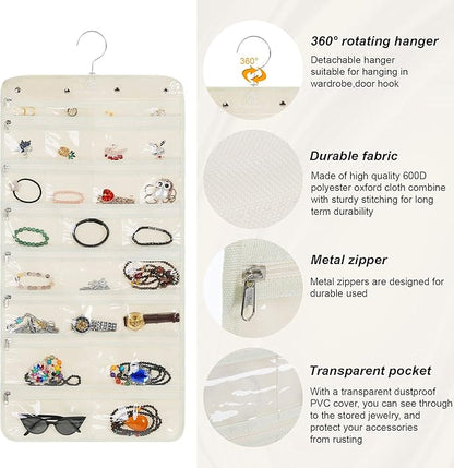 Hanging Jewelry Organizer with 50 Transparent Pockets, 360° Rotating Hanger & Secure Zipper Closure - Foldable Double Sided Jewelry Storage Bag for Earrings, Rings, Necklaces, Bracelets (Beige)