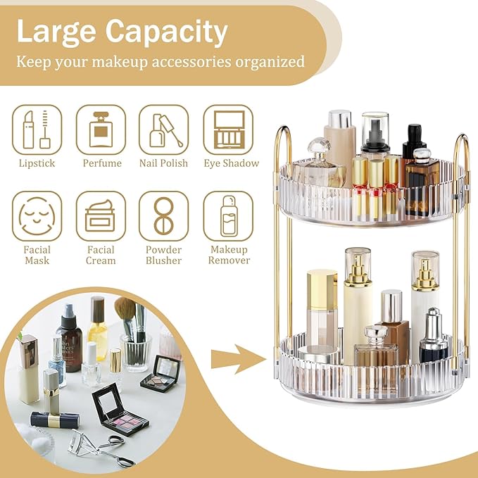 MOKANI 360 Rotating Makeup Organizer for Vanity, 2 Tier Adjustable Perfume Organizer for Dresser, Multi-Function Spinning Cosmetics Skincare Storage for Bedroom, Dresser, Countertop, Clear