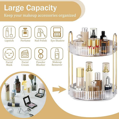 MOKANI 360 Rotating Makeup Organizer for Vanity, 2 Tier Adjustable Perfume Organizer for Dresser, Multi-Function Spinning Cosmetics Skincare Storage for Bedroom, Dresser, Countertop, Clear