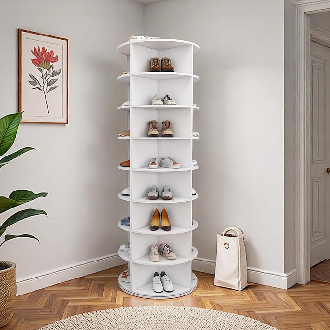 8-Tier Rotating Shoe Rack Tower, Spinning Shoe Tower Display Lazy Susan, Revolving 360° Shoe Rack Storage Round Carousel, Vertical Handbag Rotate Shoes Closet Organization