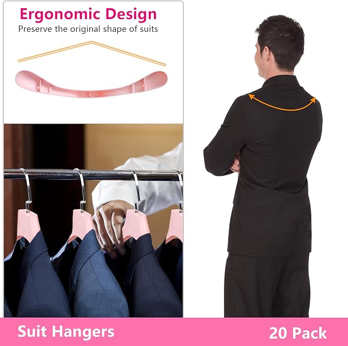DEDU Plastic Extra Wide Shoulder Suit Hangers for Men 15 Pack Width 17.7", Pink Sweater Hangers no Shoulder Bump Non Slip for Thick Sweaters, Clothes Hangers with Pants Bar & Metal Hook