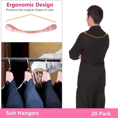 DEDU Plastic Extra Wide Shoulder Suit Hangers for Men 15 Pack Width 17.7", Pink Sweater Hangers no Shoulder Bump Non Slip for Thick Sweaters, Clothes Hangers with Pants Bar & Metal Hook