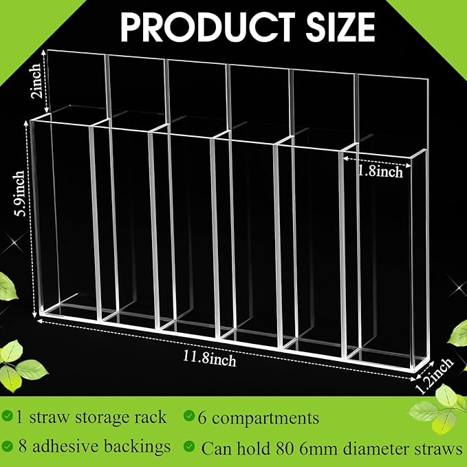 Honeydak Magnetic Acrylic Straw Holder for Cabinet Door with Adhesive Tapes and 5 Removable Partitions, Reusable Straw Organizer Storage Space-saving for Cabinet Door Fridge Kitchen(Clear,12 Inch)