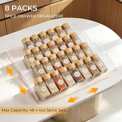 UFORU Acrylic Spice Drawer Organizer 4 Tier(8 Packs),Expandable from 11" to 22" Seasoning Organizer Tray for Kitchen - Clear Tiered Spice Rack for Drawer, No Assembly Required(Jars Not Included)