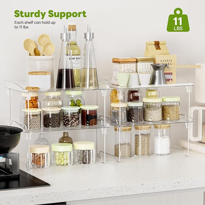 STARLATTA Acrylic Cabinet Organizer Shelf,4 Pcs Stackable Kitchen Counter Shelves,Spice Rack,Countertop Organizers,Clear Plastic Storage Organization for Makeup，Bathroom,Cupboard,Desk,Pantry