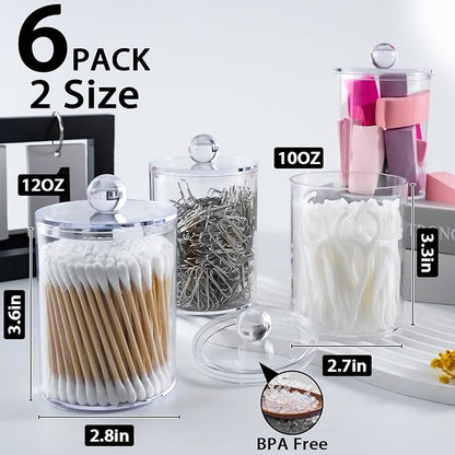 XIPENGKEJI 6 Pack Qtip Holder,Canister Apothecary Jar Set, Bathroom Jars with Lids Set for Cotton Swabs, Balls, Pads, Floss Picks,10oz-12oz Plastic Canisters Restroom Bedroom Vanity Organizer(Clear)