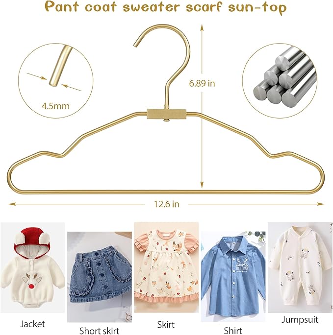 VWV Gold Aluminum Hangers, 20 Pack Baby Hanger，12.6 Inch Children Baby Hangers, Sturdy Metal Children Clothes Hangers for Wardrobe, Space-Saving Toddler Hanger