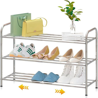 3-Tier Expandable Shoe Rack – Adjustable Heavy Duty Organizer Shelf | 100% Stainless Steel & 4-Rod Stretchable | Small Space Shoe Rack for Closet Entryway (15" to 27", Silver)