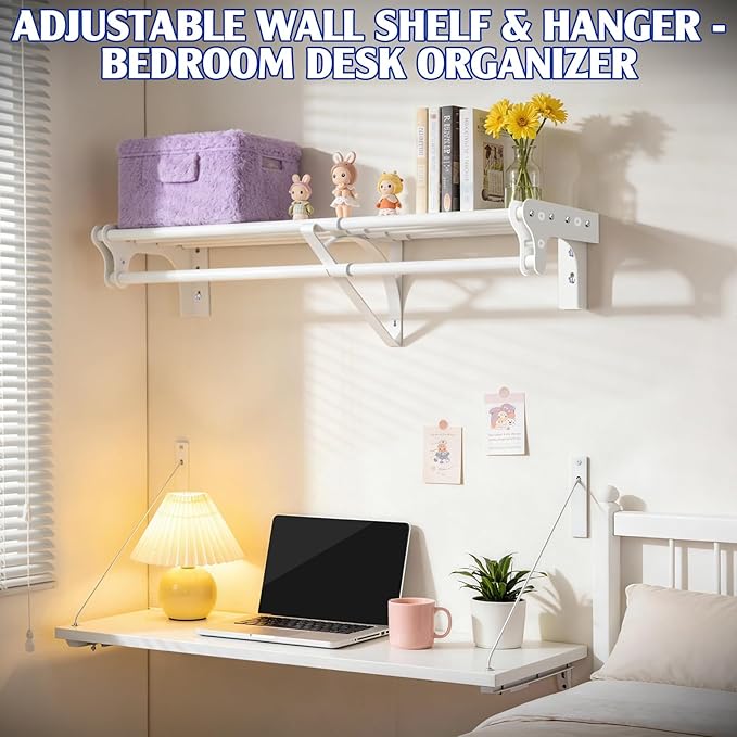 Closet Shelf with Hanging Rod, 40-73'' Expandable Wall Mounted & Side Wall Mounted Steel Clothes Rack with Top Shelf, Holds 220 lb Heavy Duty Closet Rod DIY Divider Separtor for Cabinet Wardrobe