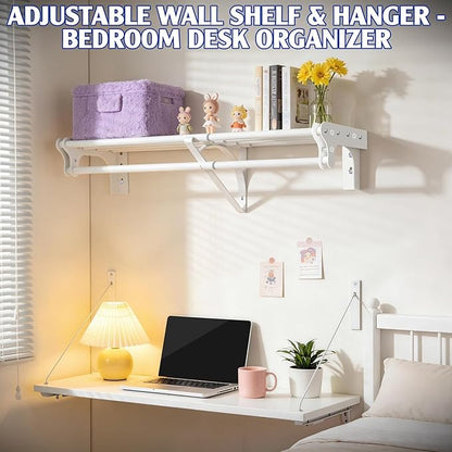 Closet Shelf with Hanging Rod, 28-48'' Expandable Wall Mounted & Side Wall Mounted Steel Clothes Rack with Top Shelf, Holds 220 lb Heavy Duty Closet Rod DIY Divider Separtor for Cabinet Wardrobe