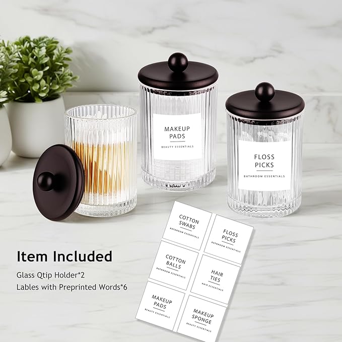 SheeChung 2-Pack Bronze Ribbed Glass Qtip Holder - Apothecary Jars Bathroom Organizer with Metal Lids - Countertop Vanity Canister Set for Cotton Swabs, Rounds, Pads, Floss Picks