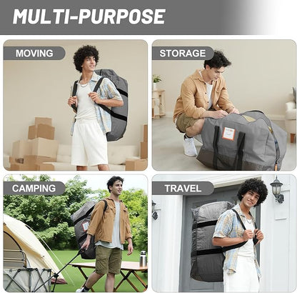4 Pack Moving Bags Heavy Duty, 115lb Capacity Storage Bags for Clothes, Large Packing Tote with Strong Handles, Internal Compression Straps, Alternative to Moving Boxes -103L,Grey and Black