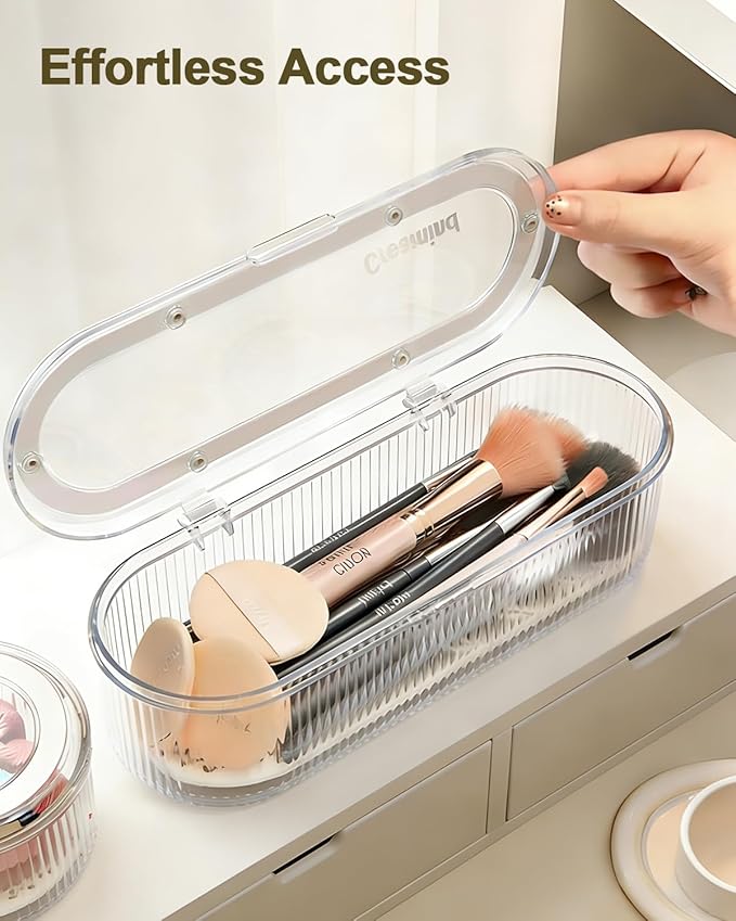Makeup Brush Holder Organizer, Cosmetic Storage Case with Lid, Clear Acrylic Waterproof Dustproof Organizer for Makeup Sponges, Vanity, Bathroom & Desktop (1 Pack)