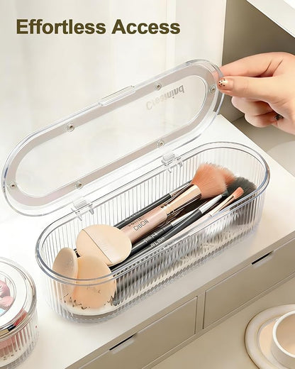 Makeup Brush Holder Organizer, Cosmetic Storage Case with Lid, Clear Acrylic Waterproof Dustproof Organizer for Makeup Sponges, Vanity, Bathroom & Desktop (1 Pack)