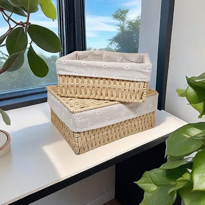 GIB Small Wicker Storage Baskets with Lids and Liner, Rectangular Paper Rope Woven Baskets for Organizing, Decorative Boxes Boho Decor for Shelves Table Desktop Makeup Organizer, Set of 3