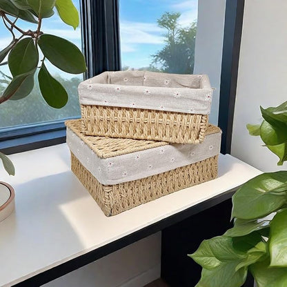 GIB Small Wicker Storage Baskets with Lids and Liner, Rectangular Paper Rope Woven Baskets for Organizing, Decorative Boxes Boho Decor for Shelves Table Desktop Makeup Organizer, Set of 3