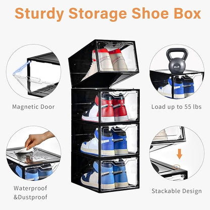 Stebopum 12 Pack Stackable Shoe Storage Organizer with Magnetic Door, Shoe Boxes Clear Black Plastic for Closet, Shoe Rack for Sneaker Boot Container, Shoe Cabinet Fit up to US Size 12
