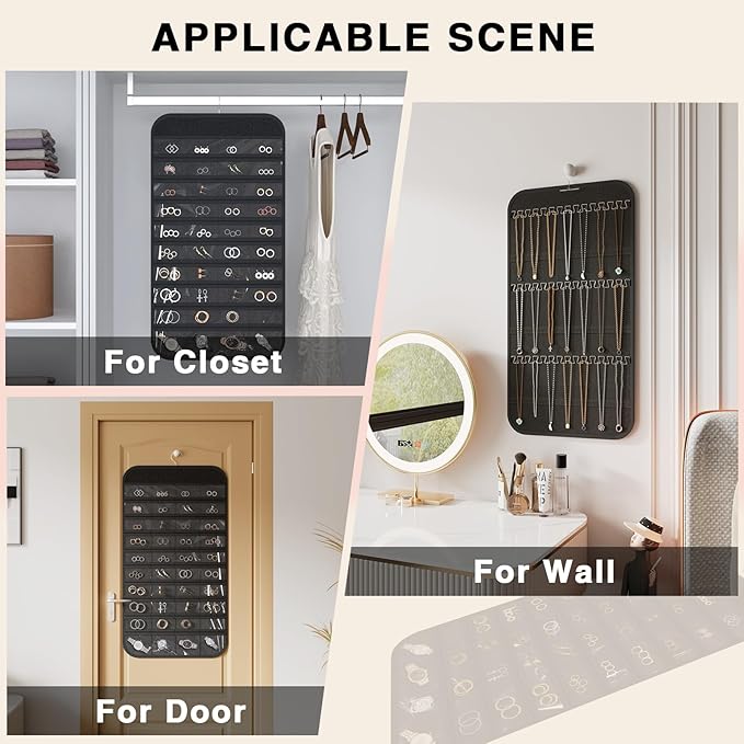Hanging Jewelry Organizer Storage, 40 Pockets 36 Hooks Necklace Earring Necklace Bracelet Ring Organizer, Double - Sided Design, Black