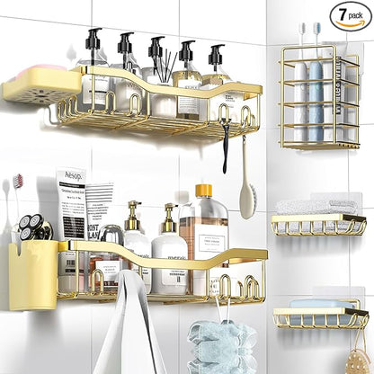 NESOMI Shower Caddy Adhesive Shower Organizer 7-Pack, Rustproof Stainless Steel Bathroom Shelves, Large Capacity No-Drill Rack Storage Accessories with Soap Dish Toothbrush Holder Hooks