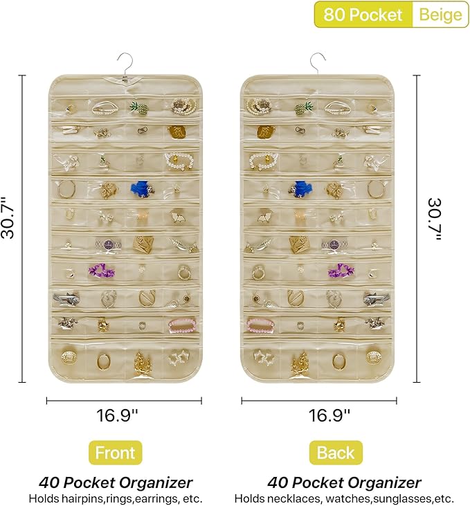 Hanging Jewelry Organizer Storage Roll with Hanger Metal Hooks Double-Sided Jewelry Holder for Necklaces, Earrings, Rings on Door, Wall, Closet, 80 Pocket Organizer,Beige