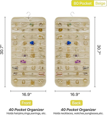 Hanging Jewelry Organizer Storage Roll with Hanger Metal Hooks Double-Sided Jewelry Holder for Necklaces, Earrings, Rings on Door, Wall, Closet, 80 Pocket Organizer,Beige
