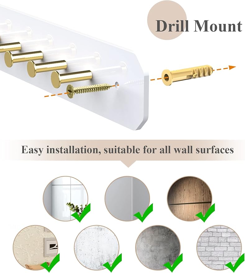 NiHome Wall Mounted Acrylic Jewelry Organizer 2-Pack, Durable Sleek Rack Strong Carbon Steel Hooks for Dressing Table, Bathroom, Kitchen, Hassle-Free Installation Multiple Mounting Options (White)