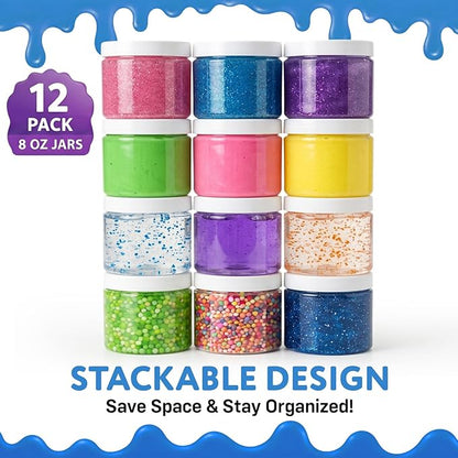 Healthy Packers Slime Containers with Water-tight Lids (8 oz, 12 Pack) - Clear Plastic Food Storage Jars with Individual Labels- Great for your slime kit - BPA Free