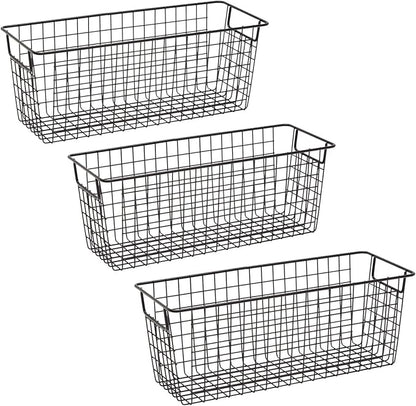 Farmlyn Creek Metal Wire Narrow Baskets - Rust-Resistant Pantry Organizer Storage - Sturdy Handles for Cabinet Organizer - Slim Profile for Narrow Storage - 3-Pack, 16 x 6 x 6 in, Black