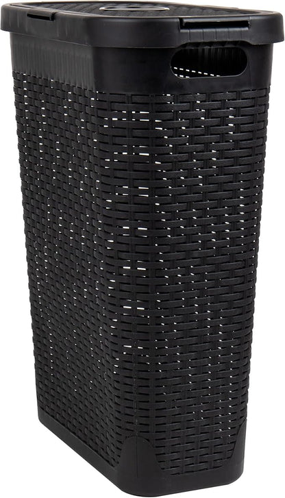 Mind Reader Slim Laundry Hamper with Lid, 40L Clothes Basket, Narrow Tapered Design with Ventilated Cutout Pattern, Plastic, Black