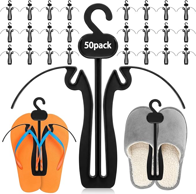 Novabright 50 Pcs Sandal Hangers 7 Inch Plastic Flip Flop Holder Organizer Small Shoe Hooks Hanging Rack Shoe Hangers for Retail Beach Shop Display Home Storage(Black)