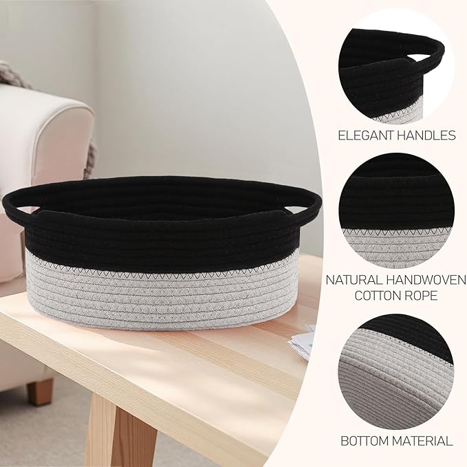 JMvicyroam Woven Basket,Small Rope Storage Bin with Handles & Ribbon Bag, Organizer for Shelves Closets,Gift Basket Empty for Birthday,Books,Dog Toys, Black&Grey