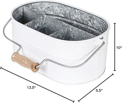Goroly Home Galvanized Utensil Caddy with Wooden Handle for Kitchen Counter, Silverware Organizer for Flatware, Condiments, Party Supplies - White