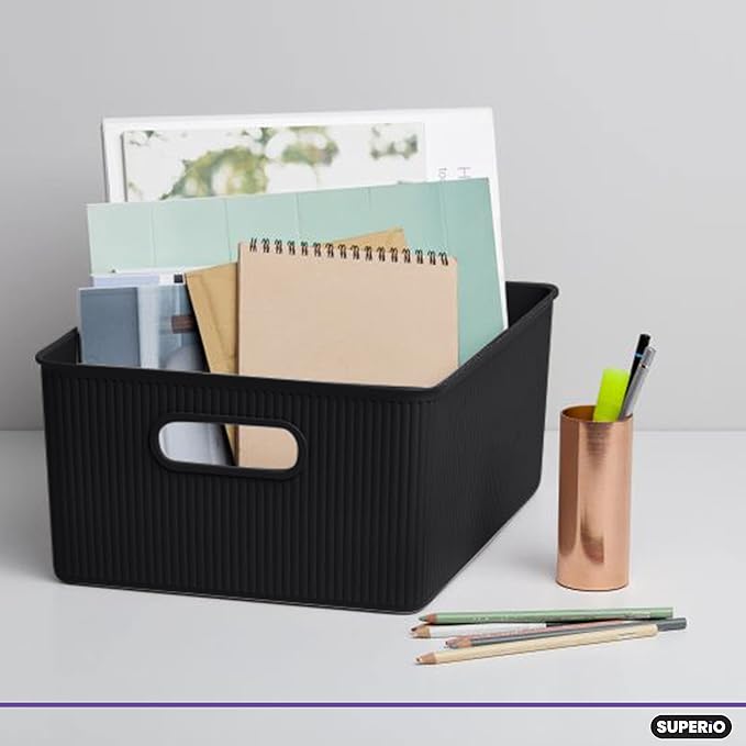 Decorative Plastic Basket Lidded Home Storage Bins Organizer Baskets, Large Brown (1 Pack - 15 Liter) Stackable Container Box, for Organizing Closet Storage Bins for Shelves - Ribbed Collection