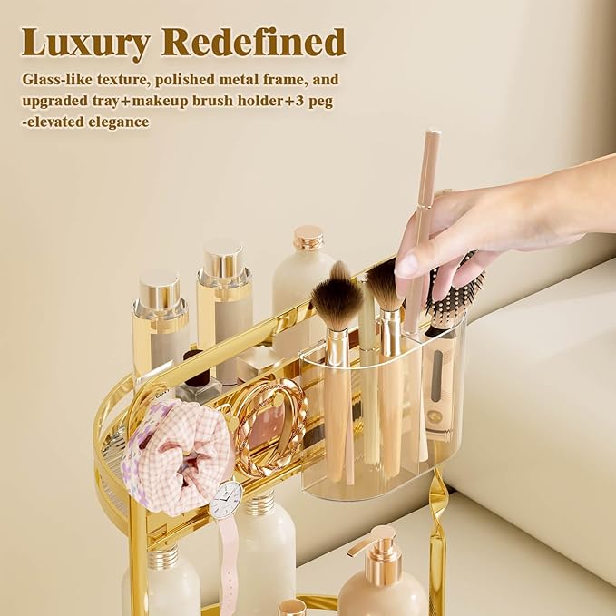 360 Rotating Makeup Organizer for Vanity, Gold Perfume Organizer, 2-Tier Lazy Susan for Bathroom Counter Organizer, Large Spinning Skincare Dresser Storage with Brush Holder & Jewelry Hooks
