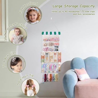 New Upgraded Bow Holder Headband Organizer w/ 9 Mesh Pockets, Large Capacity Hair Bow Organizer for Girls, Wall Hair Accessory Organizer for Nursery Room Decor(32x15inch,Beige Green)