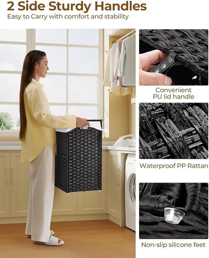 Greenstell Laundry Hamper with Lid, 90L Clothes Hamper with 2 Removable Liner Bags & 2 Mesh Laundry Bags, Handwoven Synthetic Rattan Laundry Basket for Clothes, Toys in Bathroom, Bedroom Black