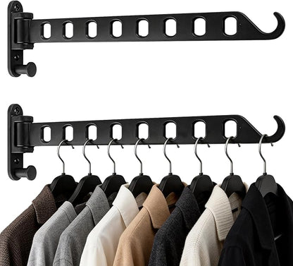 2 Pack Swing Arm Clothes Hanger Rack Wall Mount, Laundry Room Drying Rack with Swing Arm, 8 Holes and 180°Rotation, Swing Away Hanger Rack, Sturdy Hanging, Solid Aluminum (Black)