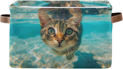 Large Storage Basket Cute Underwater Cat Storage Bin Cube Canvas Fabric Organizer Handles Collapsible for Clothes Toys Bedroom Decorative