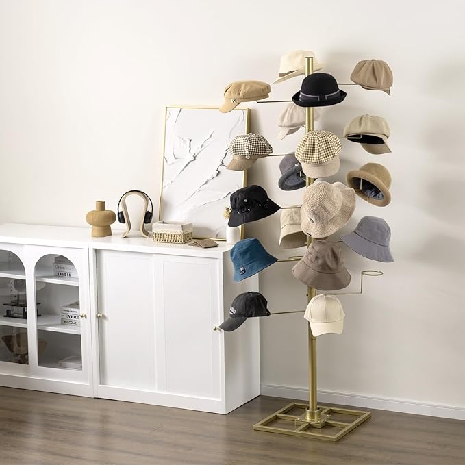 MyGift Freestanding Cowboy Hat Display Rack, 360 Degree Rotating Wig or Baseball Cap Organizer Stand with 20 Customizable Circular Hooks, 6 Foot Height, Brass-Tone Metal