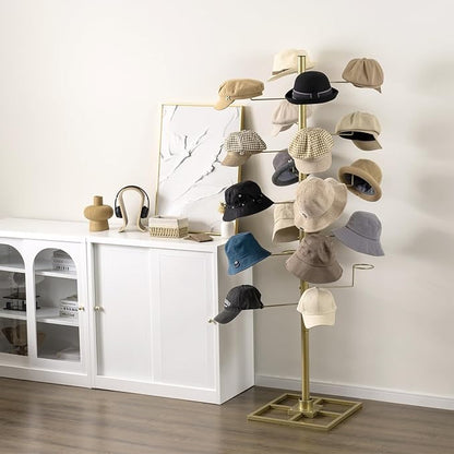 MyGift Freestanding Cowboy Hat Display Rack, 360 Degree Rotating Wig or Baseball Cap Organizer Stand with 20 Customizable Circular Hooks, 6 Foot Height, Brass-Tone Metal