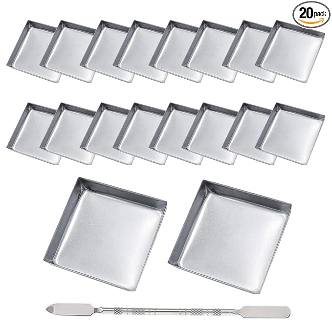 20Pcs Empty Eyeshadow Pans and 1 Depotting Tool for Makeup Palette 26mm Square Metal Pan Containers for Depotting Refillable IronTray for Watercolor Use Empty Makeup Palette Accessories