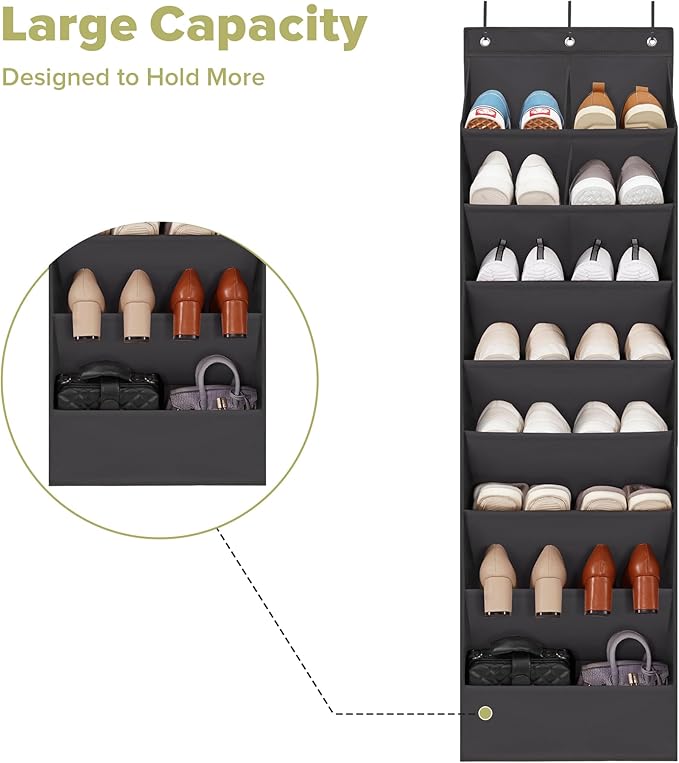 Door Shoe Organizer with 10 Extra Large Pockets, 23 Pairs Shoes Large Capacity Hanging Storage Organizer for Shoes, Diapers, Black, 8 Layers, 2-Pack