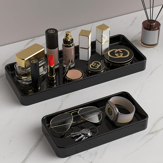 Gurygo 8" Ceramic Kitchen Soap Tray - Small Rectangular Vanity Tray for Bathroom - Countertop and Vanity Tray - Comestic Holder Bathtub Organizer - Bathroom Tray, (Black, Set/1)