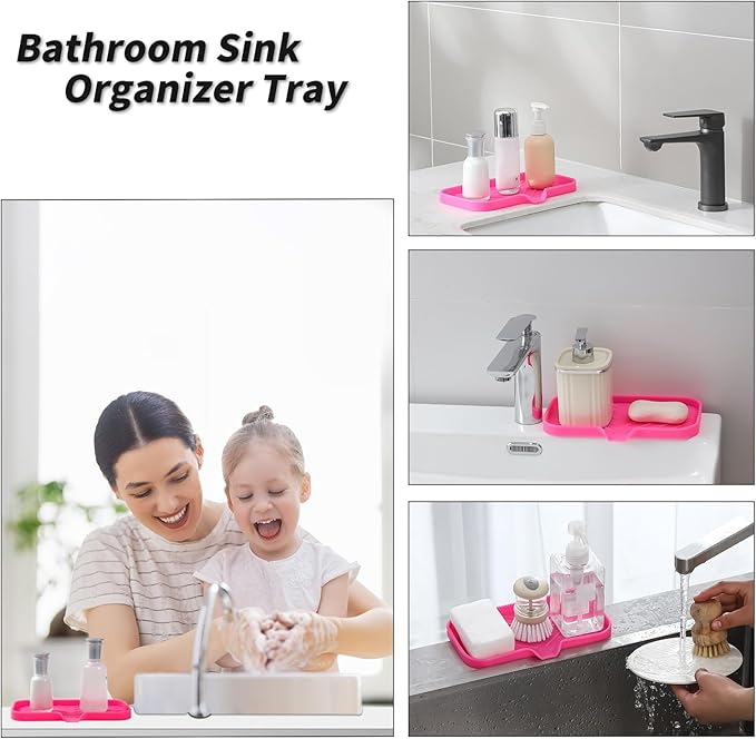 MicoYang Silicone Bathroom Soap Dishes with Drain Spout-Bathroom and Kitchen Sink Organizer,Sponge Holder,Dish Soap Tray,Perfect for Dispenser,Scrubber,Bottle,Cup on Sink or Counter-Rose 9.6"×5.3"