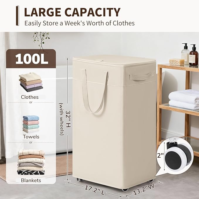 Goodpick Laundry Basket with Wheels and Lid, 100L Collapsible Dirty Clothes Hamper for Laundry Room Bathroom, Extra Large Rolling Hamper with Removable Wash Bag, White