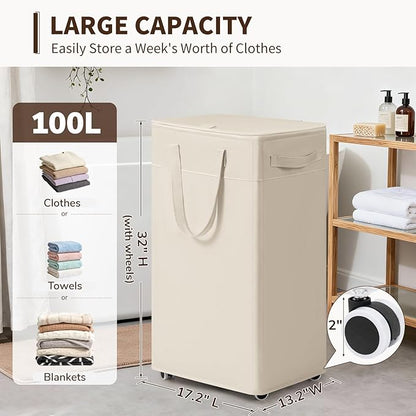 Goodpick Laundry Basket with Wheels and Lid, 100L Collapsible Dirty Clothes Hamper for Laundry Room Bathroom, Extra Large Rolling Hamper with Removable Wash Bag, White