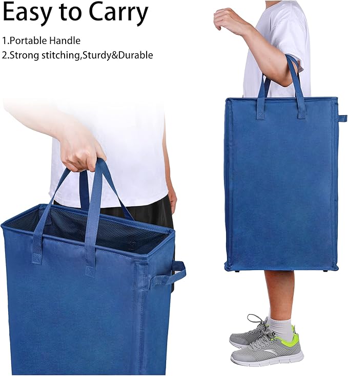 Odonata Slim Laundry Hamper Handles Collapsible Laundry Basket Thin Dirty Clothes Basket Narrow Laundry Bag Foldable Dirty Hamper 45L (Navy blue)