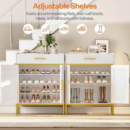 HOOBRO Shoe Storage Cabinet, 5-Tier Shoe Cabinet with Drawers, 36.6'' Tall Large Shoes Rack Organizer with Adjustable Shelves, Freestanding Wooden Shoes Cabinet Storage for Entryway, White DW14SC01